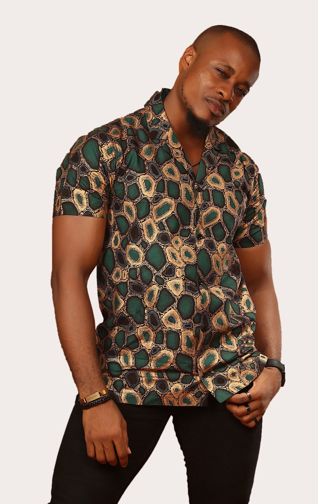 african print dress shirt mens Jahzara Mens Short Sleeve Button-up Shirt (African Asymmetrical Print Traditional Shirt) in White